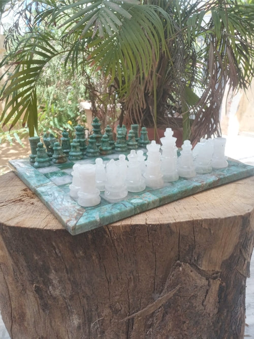 Sahaj Hast Handcrafted Green Jasper & White Quartz Stone Chess Set –