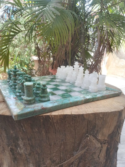 Sahaj Hast Handcrafted Green Jasper & White Quartz Stone Chess Set –