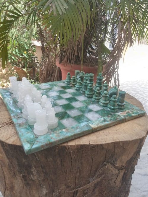 Sahaj Hast Handcrafted Green Jasper & White Quartz Stone Chess Set –
